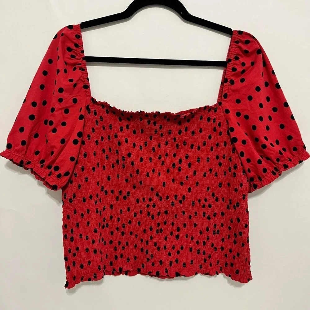 NEW ANTHROPOLOGIE DOLAN BLOUSE XL POLKA DOT SMOCK TOP RED BLACK PUFF SLEEVE NWOT - Picture 2 of 10